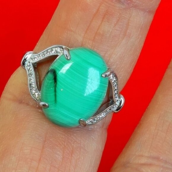 925 Sterling Silver Ring Sz 8.5 with Natural Malachite & CZ - Picture 15 of 15